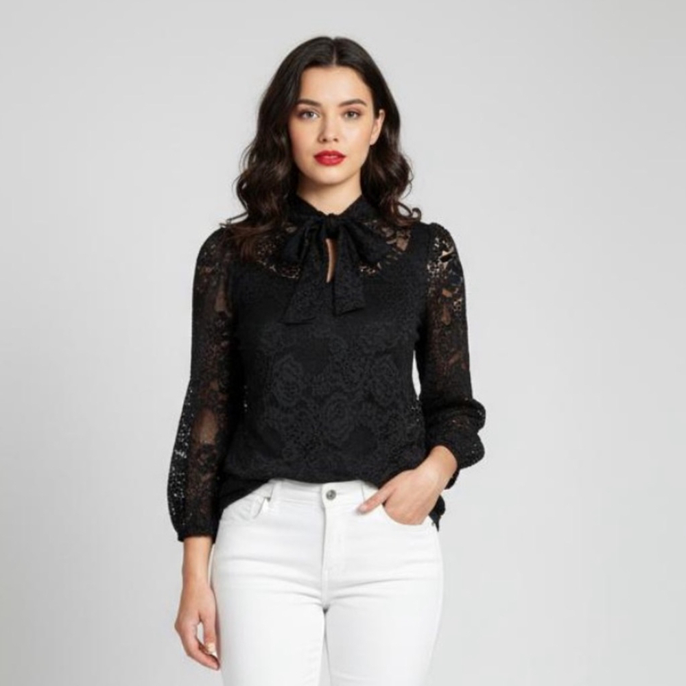 Cable & Gauge Black Lace Tie Neck Long Sleeve Blouse Women’s Size Small - Picture 2 of 11